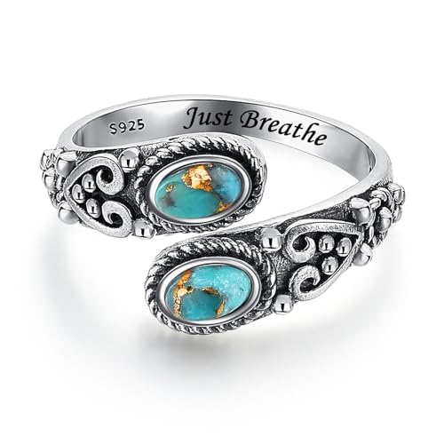 BONLAVIE Just Breathe Ring Doppelstein Türkis Silberring Damen 925 Silber Vintage Verstellbare Ringe Inspirierendes Geschenk für Frauen von BONLAVIE