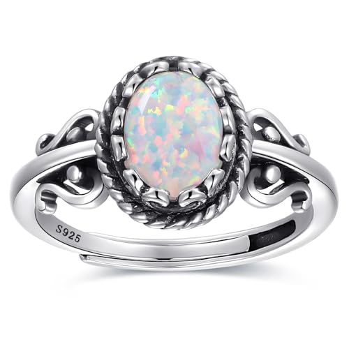 BONLAVIE Ovaler Opal Ring, Floraler Filigraner Opal Ring 925 Sterling Silber, Opalring, Verstellbare Ringe für Frauen, Silberring 925 Damen, Vintage Offener Ring Damen von BONLAVIE