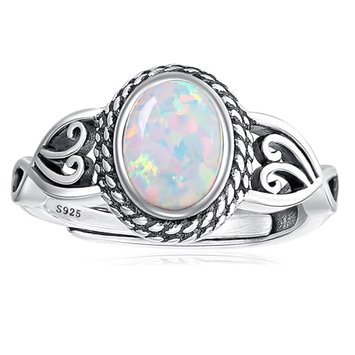 BONLAVIE Ovaler Opal Ring, Opal Ring 925 Sterling Silber, Vintage Silbernem Muster Ring, Verstellbare Ringe für Frauen, Silberring 925 Damen, Vintage Offener Ring Damen von BONLAVIE