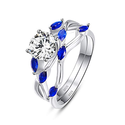 BONLAVIE Sterling Silber Runde kubischer Zirkon mit Marquise erstellt blauen Saphir Vine Bridal Ring Set52(16.6) von BONLAVIE