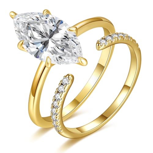 BONLAVIE Verlobungsring Set für Damen 3.5CT Marquise Schliff Zirkonia Eheringe Set 14K Gold Plattiert Verstellbar Halb Ewigkeitsring CZ Stapelbare Ringe Silber Versprechensring Größe 49.3(15.7) von BONLAVIE