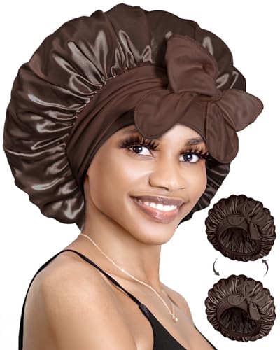 BONNET QUEEN Seidenhaube zum Schlafen mit Haarschutz für Nacht, Doppelseitige Schlafhaube Seide für Lange Haare & Locken, Verstellbare Satin Haarhaube für Damen mit Bindeband, Schokolade von BONNET QUEEN