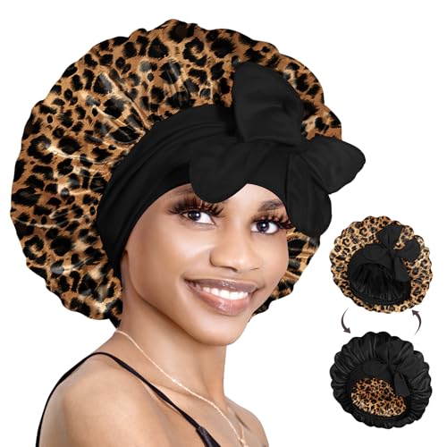 BONNET QUEEN Seidenhaube zum Schlafen mit Haarschutz für Nacht, Doppelseitige Schlafhaube Seide für Lange Haare & Locken, Verstellbare Satin Haarhaube für Damen mit Bindeband, Leopard BONNET QUEEN Seidenhaube zum Schlafen mit Haarschutz für Nacht, Doppelseitige Schlafhaube Seide für Lange Haare & Locken, Verstellbare Satin Haarhaube für Damen mit Bindeband, Leopard von BONNET QUEEN