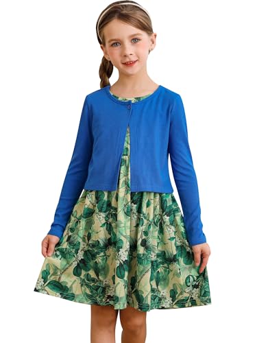 BONNY BILLY Bekleidungssets für Mädchen 2tlg Langarm Strickjacke + Ärmellos Blumenmuster Kleid 4-5 Jahre/104-110 Blau Set-2 von BONNY BILLY