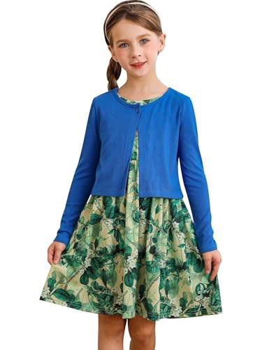BONNY BILLY Bekleidungssets für Mädchen 2tlg Langarm Strickjacke + Ärmellos Blumenmuster Kleid 8-9 Jahre/128-134 Blau Set-2 von BONNY BILLY