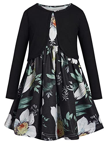 BONNY BILLY Bekleidungssets für Mädchen 2tlg Langarm Strickjacke + Ärmellos Blumenmuster Kleid 8-9 Jahre/128-134 Schwarz Set-1 von BONNY BILLY