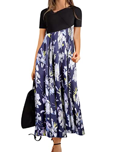 BONNY BILLY Damen Kleider Kurzarm Blumen Elegant Lang Maxikleid Freizeitkleid Sommerkleid 38 40 M Blau-1 von BONNY BILLY