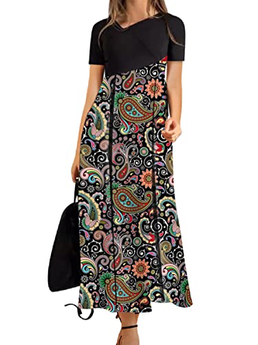 BONNY BILLY Damen Kleider Kurzarm Blumen Elegant Lang Maxikleid Freizeitkleid Sommerkleid 38 40 M Schwarz-1 von BONNY BILLY