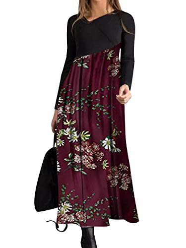 BONNY BILLY Damen Kleider Langarm Blumen Elegant Lang Maxikleid Freizeitkleid Winterkleid 46 XXL Rot-1 von BONNY BILLY