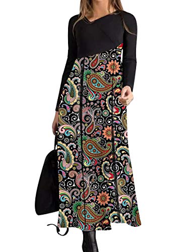 BONNY BILLY Damen Kleider Langarm Blumen Elegant Lang Maxikleid Freizeitkleid Winterkleid 46 XXL Schwarz-1 von BONNY BILLY