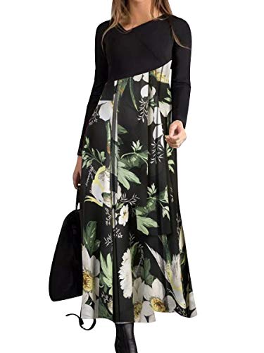 BONNY BILLY Damen Kleider Langarm Blumen Elegant Lang Maxikleid Freizeitkleid Winterkleid 38 40 M Schwarz-2 von BONNY BILLY