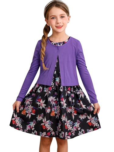 BONNY BILLY Bekleidungssets für Mädchen 2tlg Langarm Strickjacke + Ärmellos Blumenmuster Kleid 10-11 Jahre/140-146 Lila Set von BONNY BILLY