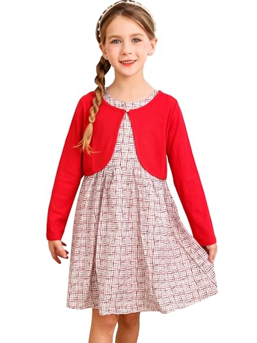 BONNY BILLY Bekleidungssets für Mädchen 2tlg Langarm Strickjacke + Ärmellos Kariertes Muster Kleid 5-6 Jahre/110-116 Rot Set von BONNY BILLY