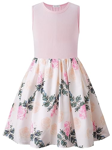 BONNY BILLY Mädchen Kleider Ärmellos Blumen Kinder Freizeitkleid Strandkleid Sommerkleid 10-11 Jahre/140-146 Rosa Blumen von BONNY BILLY