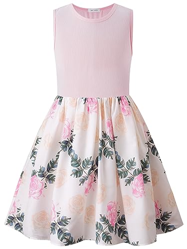 BONNY BILLY Mädchen Kleider Ärmellos Blumen Kinder Freizeitkleid Strandkleid Sommerkleid 10-11 Jahre/140-146 Rosa Blumen von BONNY BILLY