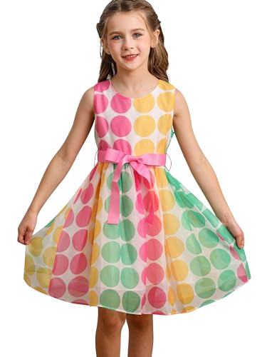 BONNY BILLY Mädchen Kleider Bunt Punkte Festlich Hochzeit Sommer Kinder Kleid mit Ripsbandschärpe 8-9 Jahre/128-134 Mehrfarbig (Ärmellos) von BONNY BILLY