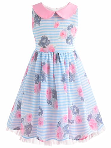 BONNY BILLY Mädchen Kleider Ärmellos Sommer Freizeit Streifen Punkte Blumen Kinder Kleid mit Kragen 3-4 Jahre/98-104 Blau von BONNY BILLY