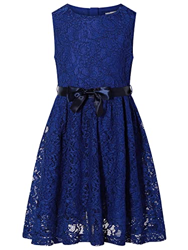 BONNY BILLY Mädchen Kleider Ärmellos Spitze Festlich Hochzeit Blumenmädchen Sommerkleid mit Schleife 5-6 Jahre/110-116 Blau von BONNY BILLY