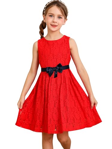 BONNY BILLY Mädchen Kleider Ärmellos Spitze Festlich Hochzeit Blumenmädchen Sommerkleid mit Schleife 10-11 Jahre/140-146 Rot von BONNY BILLY