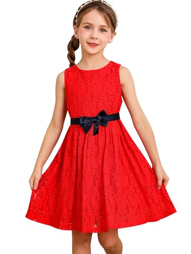 BONNY BILLY Mädchen Kleider Ärmellos Spitze Festlich Hochzeit Blumenmädchen Sommerkleid mit Schleife 7-8 Jahre/122-128 Rot von BONNY BILLY