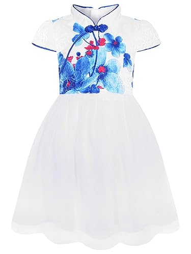 BONNY BILLY Mädchen Kleider Festlich Hochzeit Tüll Blumen Bestickt Cheongsam Chinesisches Kleid für Kinder 3-4 Jahre/98-104 Weiss von BONNY BILLY