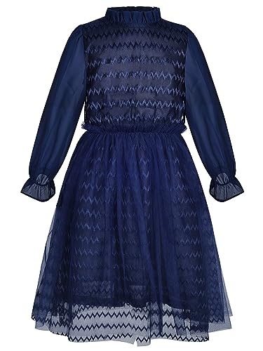 BONNY BILLY Mädchen Kleider Festlich Hochzeit Tüll Spitze Langarm Partykleid Prinzessinkleid 10-11 Jahre/140-146 Dunkelblau von BONNY BILLY