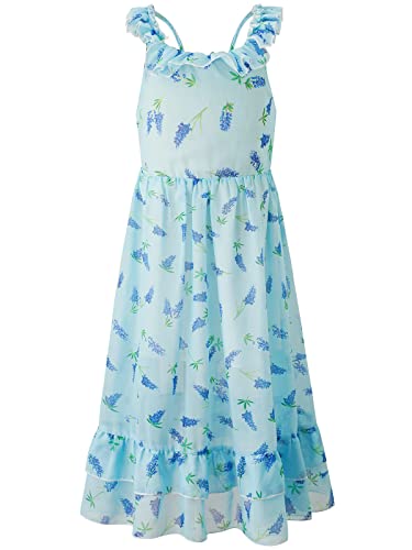 BONNY BILLY Mädchen Kleider Freizeit Blumen Sommerkleid Strandkleid Chiffonkleid Maxikleid mit Rüschen 10-11 Jahre/140-146 Blau-2 von BONNY BILLY