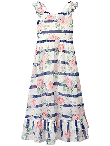 BONNY BILLY Mädchen Kleider Freizeit Blumen Sommerkleid Strandkleid Chiffonkleid Maxikleid mit Rüschen 10-11 Jahre/140-146 Blau-3 von BONNY BILLY