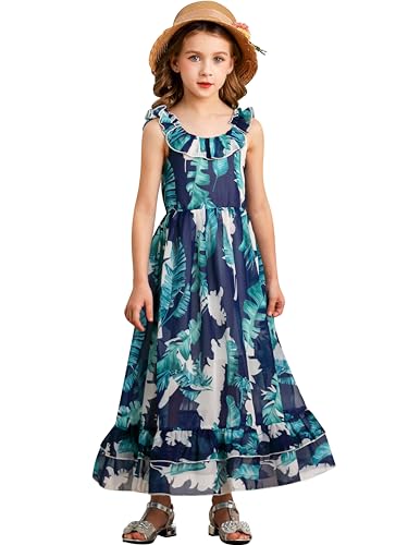 BONNY BILLY Mädchen Kleider Freizeit Blumen Sommerkleid Strandkleid Chiffonkleid Maxikleid mit Rüschen 11-12 Jahre/146-152 Dunkelblau-1 von BONNY BILLY