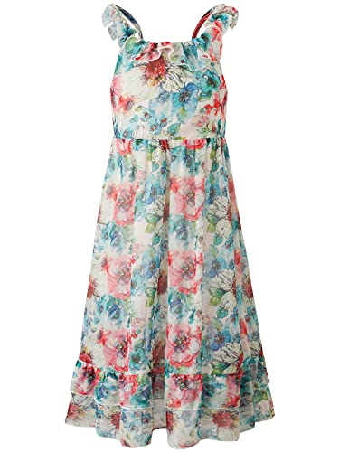 BONNY BILLY Mädchen Kleider Freizeit Blumen Sommerkleid Strandkleid Chiffonkleid Maxikleid mit Rüschen 12-13 Jahre/152-158 Blumen-1 von BONNY BILLY