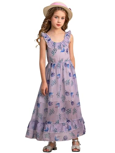 BONNY BILLY Mädchen Kleider Freizeit Blumen Sommerkleid Strandkleid Chiffonkleid Maxikleid mit Rüschen 12-13 Jahre/152-158 Lila-1 von BONNY BILLY