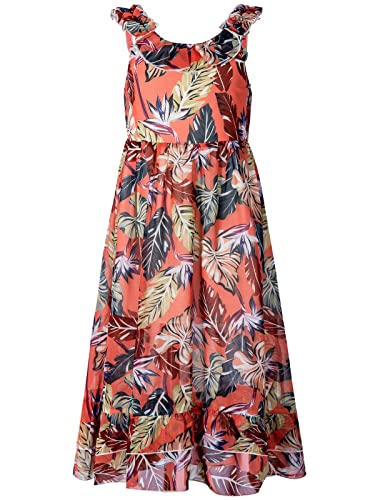 BONNY BILLY Mädchen Kleider Blumen Boho Sommerkleid Strandkleid Chiffonkleid Maxikleid mit Rüschen (DE/NL/SE/PL, Alter, 12 Jahre, 13 Jahre, Regular, Orange-1) von BONNY BILLY