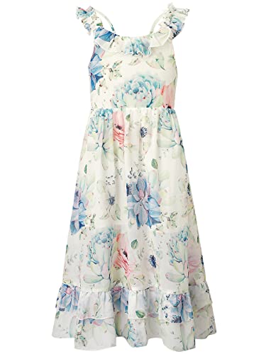 BONNY BILLY Mädchen Kleider Freizeit Blumen Sommerkleid Strandkleid Chiffonkleid Maxikleid mit Rüschen 5-6 Jahre/110-116 Blumen-2 von BONNY BILLY