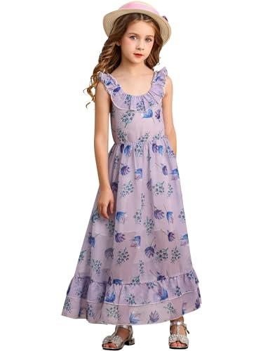 BONNY BILLY Mädchen Kleider Freizeit Blumen Sommerkleid Strandkleid Chiffonkleid Maxikleid mit Rüschen 7-8 Jahre/122-128 Lila-1 von BONNY BILLY