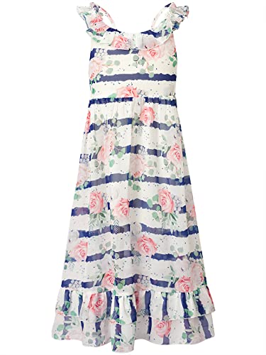 BONNY BILLY Mädchen Kleider Blumen Boho Sommerkleid Strandkleid Chiffonkleid Maxikleid mit Rüschen 8-9 Jahre/128-134 Blau-3 von BONNY BILLY