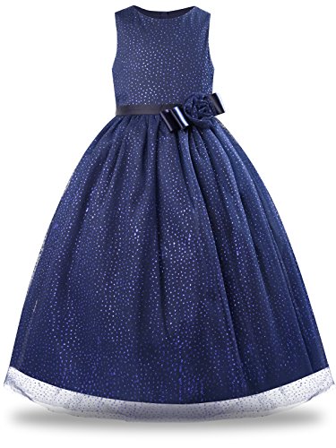 BONNY BILLY Mädchen Kleider Hochzeit Festlich Glitzer Pailletten Tüll Blumen Lang Abendkleid Ballkleid 5-6 Jahre/110-116 Dunkelblau von BONNY BILLY