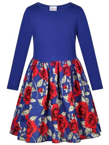 BONNY BILLY Mädchen Kleider Langarm Blumen Baumwolle Jersey Herbst Winter Kinder Kleid 10-11 Jahre/140-146 Blau von BONNY BILLY