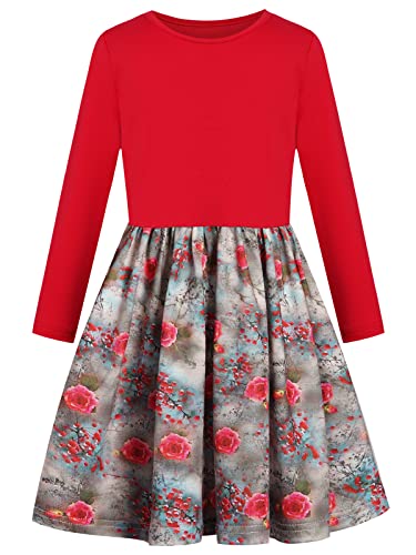 BONNY BILLY Mädchen Kleider Langarm Blumen Baumwolle Jersey Herbst Winter Kinder Kleid 10-11 Jahre/140-146 Grün-5 von BONNY BILLY