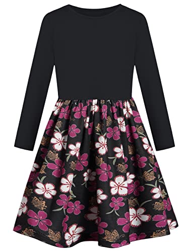 BONNY BILLY Mädchen Kleider Langarm Blumen Baumwolle Jersey Herbst Winter Kinder Kleid 10-11 Jahre/140-146 Schwarz-6 von BONNY BILLY