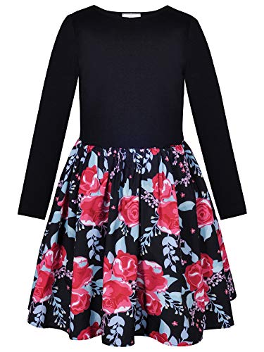 BONNY BILLY Mädchen Kleider Langarm Blumen Baumwolle Jersey Herbst Winter Kinder Kleid 8-9 Jahre/128-134 Schwarz von BONNY BILLY