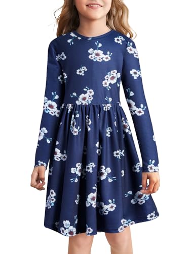 BONNY BILLY Mädchen Kleider Langarm Blumen Herbst Winter Kinderkleid Jerseykleid 10-11 Jahre/140-146 Blau-1 von BONNY BILLY