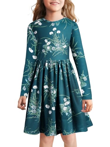 BONNY BILLY Mädchen Kleider Langarm Blumen Herbst Winter Kinderkleid Jerseykleid 5-6 Jahre/110-116 Grün-1 von BONNY BILLY