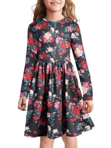 BONNY BILLY Mädchen Kleider Langarm Blumen Herbst Winter Kinderkleid Jerseykleid 7-8 Jahre/122-128 Schwarz-7 von BONNY BILLY