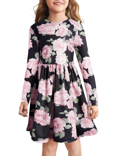 BONNY BILLY Mädchen Kleider Langarm Blumen Herbst Winter Kinderkleid Jerseykleid 8-9 Jahre/128-134 Schwarz-1 von BONNY BILLY