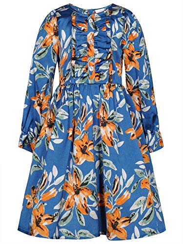 BONNY BILLY Mädchen Kleider Langarm Elegant Blumen Kinderkleid Freizeitkleid mit Rüschen 10-11 Jahre/140-146 Blau von BONNY BILLY