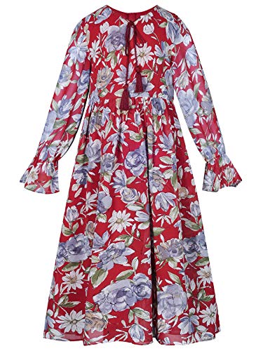 BONNY BILLY Mädchen Kleider Langarm Elegant Lang Blumen Herbst Winter Freizeitkleid Chiffonkleid mit Quasten 10-11 Jahre/140-146 Rot von BONNY BILLY