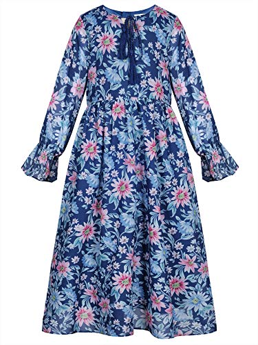 BONNY BILLY Mädchen Kleider Langarm Elegant Lang Blumen Herbst Winter Freizeitkleid Chiffonkleid mit Quasten 5-6 Jahre/110-116 Blau von BONNY BILLY