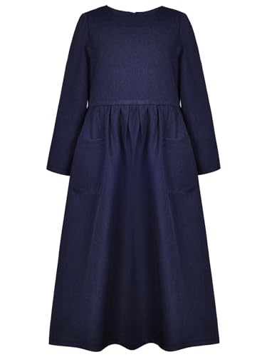 BONNY BILLY Mädchen Kleider Langarm Elegant Lang Herbst Winter Jeanskleid Maxikleid mit Taschen 4-5 Jahre/104-110 Dunkelblau von BONNY BILLY