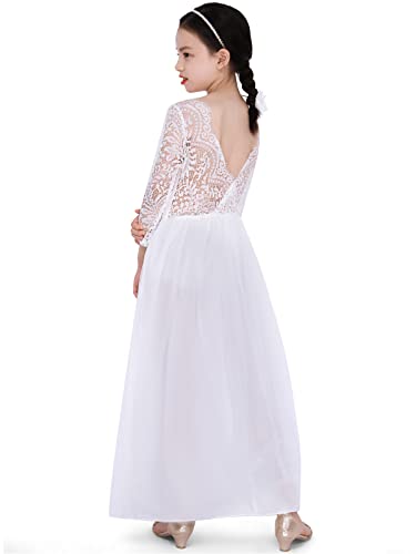 BONNY BILLY Mädchen Kleider Langarm Rückenfrei Spitze Tüll Festlich Hochzeit Ballkleid Abendkleid Blumenmädchen Kleid 4 Jahre/104 Weiss von BONNY BILLY