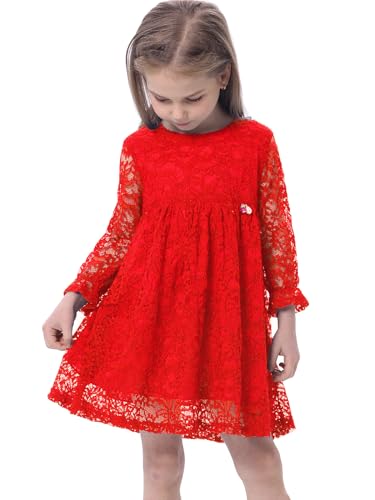 BONNY BILLY Mädchen Kleider Langarm Spitze Festlich Hochzeit Herbst Winter Kinder Kleid 7-8 Jahre/122-128 Rot von BONNY BILLY